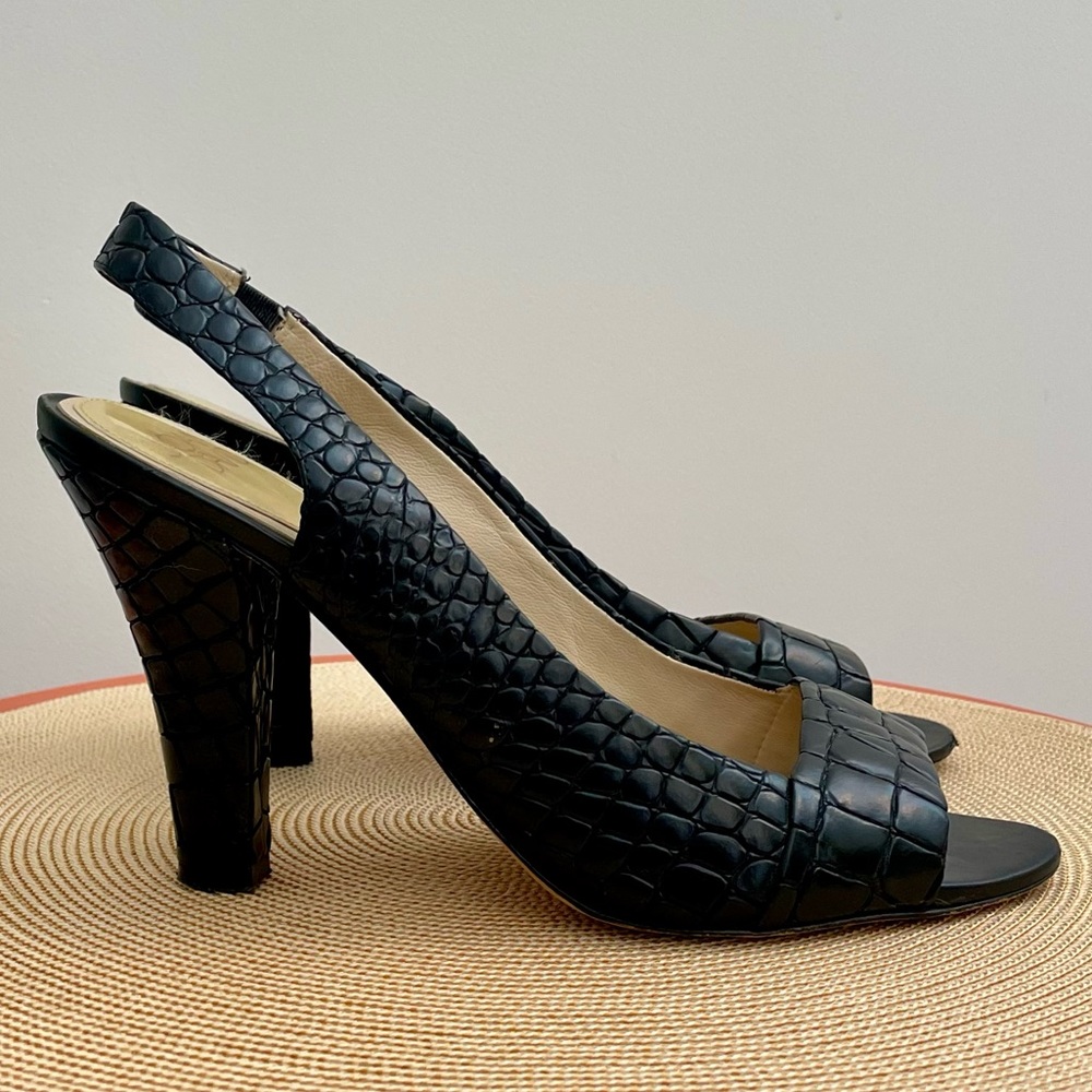 Joan & David black croc embossed leather open toe sling back pumps, 9.5. Rare.